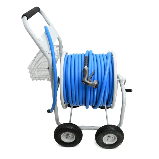 Zephyr 4-Wheel Portable Steel Hose Reel Cart with Next-Gen Rubber Hose & 8-Mode Spray Gun | Heavy-Duty Flat-Free Tyres (16MM x 120MM | 400ft)
