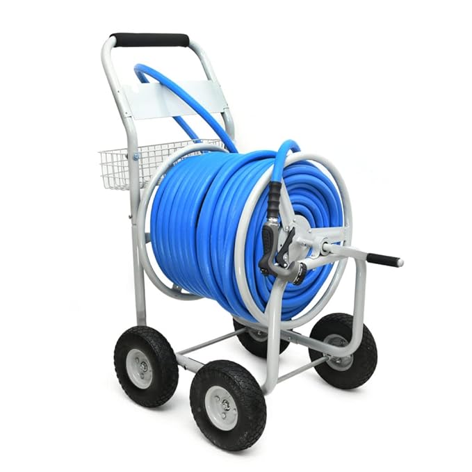 Zephyr 4-Wheel Portable Steel Hose Reel Cart with Next-Gen Rubber Hose & 8-Mode Spray Gun | Heavy-Duty Flat-Free Tyres (16MM x 120MM | 400ft)