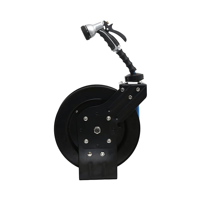 Zephyr Auto-Retractable Heavy Duty Hose Reel | 15 Meter Rubber Hose with 9-Mode Spray Nozzle (Black, 13mm/½")