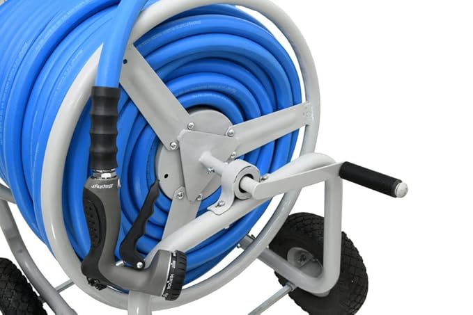Zephyr 4-Wheel Portable Steel Hose Reel Cart with Next-Gen Rubber Hose & 8-Mode Spray Gun | Heavy-Duty Flat-Free Tyres (16MM x 120MM | 400ft)