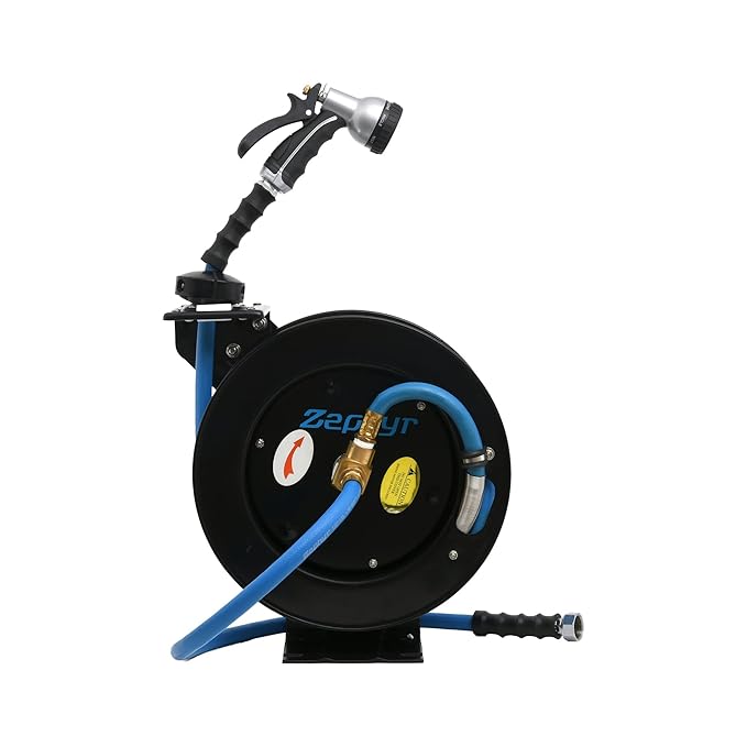 Zephyr Auto-Retractable Heavy Duty Hose Reel | 15 Meter Rubber Hose with 9-Mode Spray Nozzle (Black, 13mm/½")