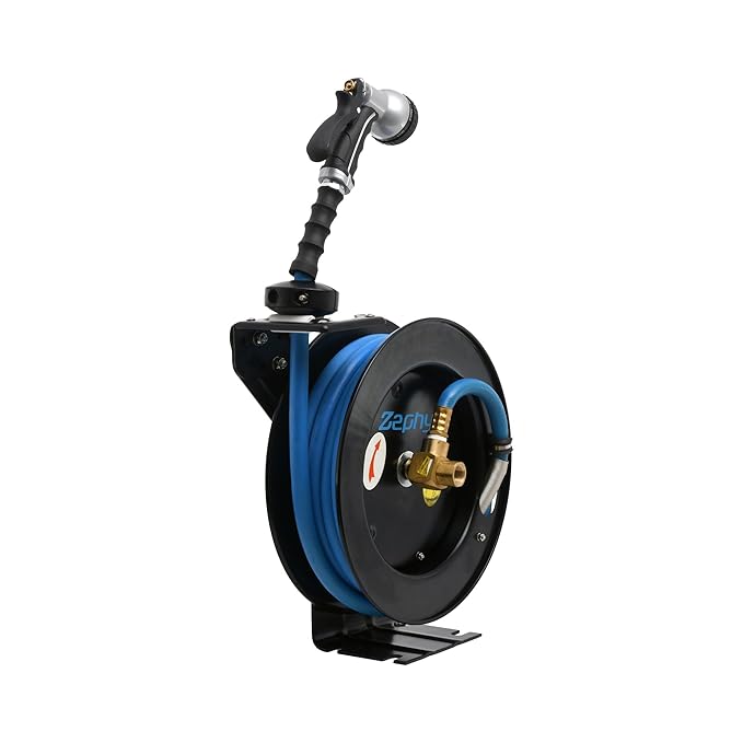 Zephyr Auto-Retractable Heavy Duty Hose Reel | 15 Meter Rubber Hose with 9-Mode Spray Nozzle (Black, 13mm/½")