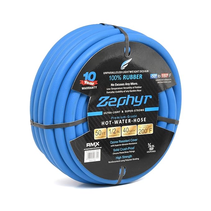 Zephyr Next-Gen Ultra-Light Flexible Rubber Garden Hose (1/2" x 50ft) | Brass Fittings | 500 PSI | 10-Year Warranty