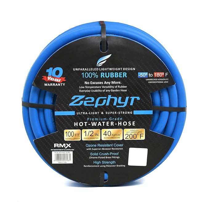 Zephyr Next-Gen Ultra-Light Garden Hose 1/2" x 100ft – Blue | Durable & Flexible Rubber Hose