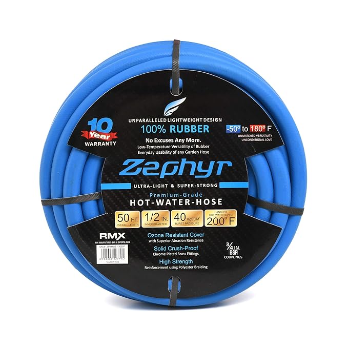 Zephyr Next-Gen Ultra-Light Flexible Rubber Garden Hose (1/2" x 50ft) | Brass Fittings | 500 PSI | 10-Year Warranty