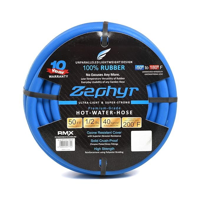 Zephyr Next-Gen Garden Hose (1/2" x 50ft, Ultra-Light Flexible Rubber, No Fittings) – Blue