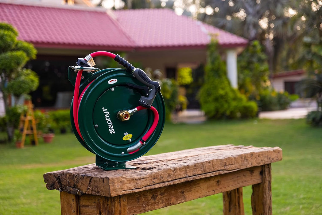 Zephyr Auto-Retractable Garden Hose Reel | Heavy-Duty | Made in India | ½ inch x 65 ft Hose with Premium Spray Gun – Green