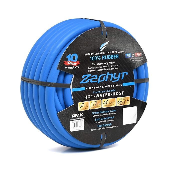 Zephyr Next-Gen Garden Hose (1/2" x 50ft, Ultra-Light Flexible Rubber, No Fittings) – Blue