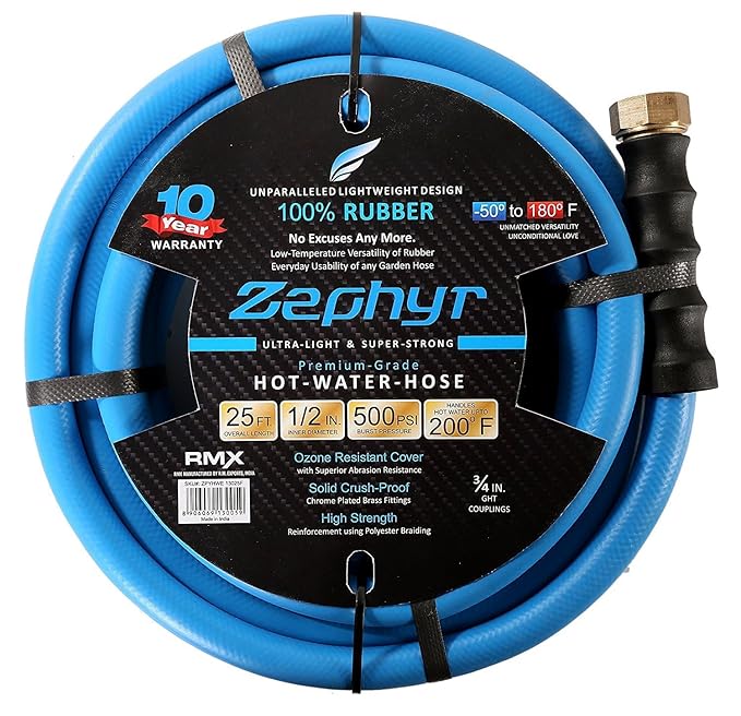 Zephyr Next-Gen Garden Hose (1/2" x 25ft) – Ultra-Light Flexible Rubber with Brass Fittings | Blue